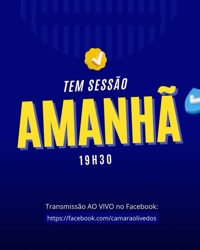 📢 Amanhã tem sessão ordinária! A Câmara Municipal de Olivedos convida toda a população para acompanhar mais uma sessão, onde serão debatidas e apreciadas matérias de interesse do nosso município.